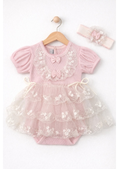 Kardeşler Bebe Tütü Etekli Dantelli Kız Bebek Body Takımı Saç Bantlı Pembe