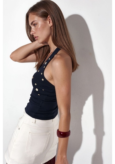 Hiccup Busem İşlemeli Slim Fit Kolsuz Bluz Lacivert