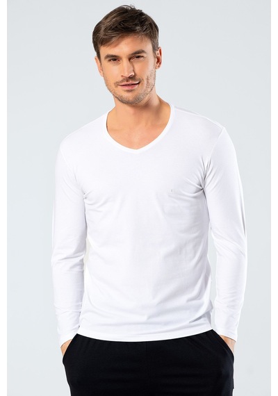 Cacharel 1334 Erkek V Yaka Uzun Kollu T-shirt - Beyaz Beyaz