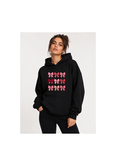 Herkesemoda Kurdele Baskılı Kapüşonlu 2 İplik Şardonlu Sweatshirt Siyah