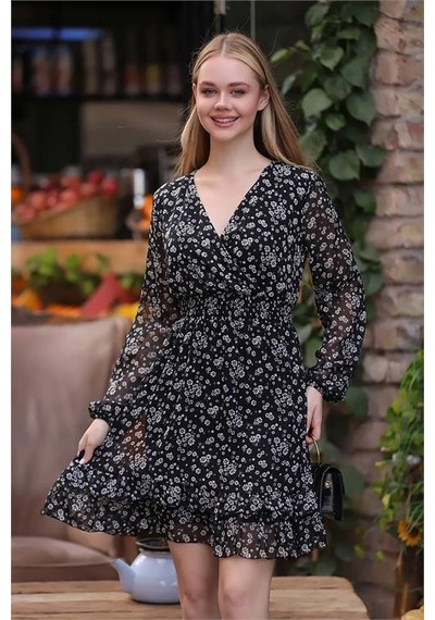 Neşeli Butik Kadın Siyah Gipeli Eteği Fırfırlı Desenli Mini Şifon Elbise Rssn21 Siyah