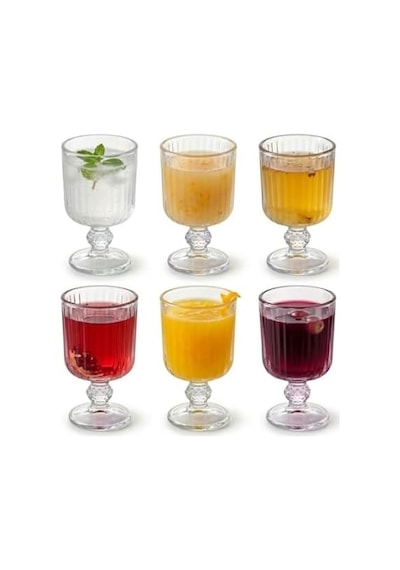 6 Lı Cam Ayaklı Bardak Seti 65 Ml Çizgili Desenli Şık Sunum Bardağı Kahve Yanı Su Meşrubat Bardağı Açık Kırmızı