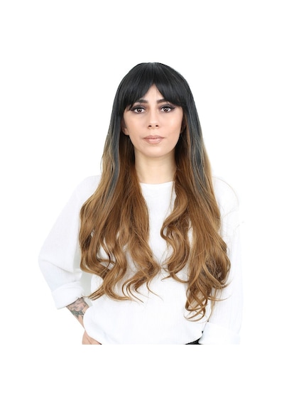 Kahküllü Uzun Dalgalı Fiber Sentetik Peruk / Siyah / Karamel Ombreli - Rxlu-462126 Renkli