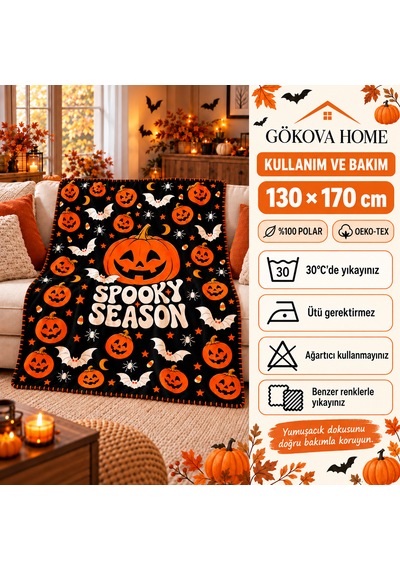 Halloween Spooky Season %100 Polar Tv Battaniyesi 130x170cm Büyük Boy Çok Renkli