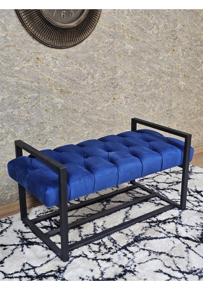 Zafir Siyah Boyalı Metal 80 Cm Puf Bench - Antre Puf - Hol Bench - Puf - Oturak - Bench Mavi