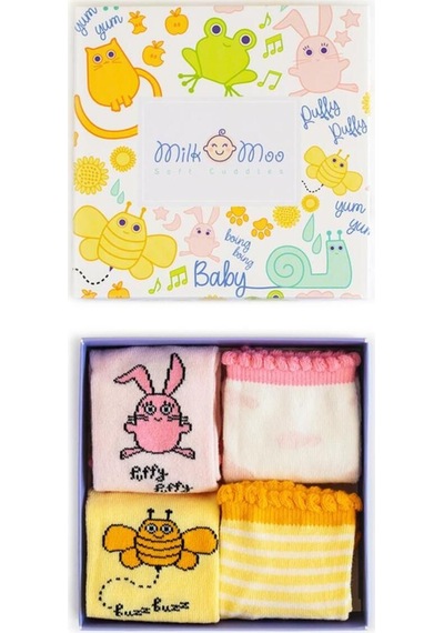 Milk & Moo Bebek Çorabı 4'lü Set Arı Vız Vız ile Çançin 0-12 Yaş