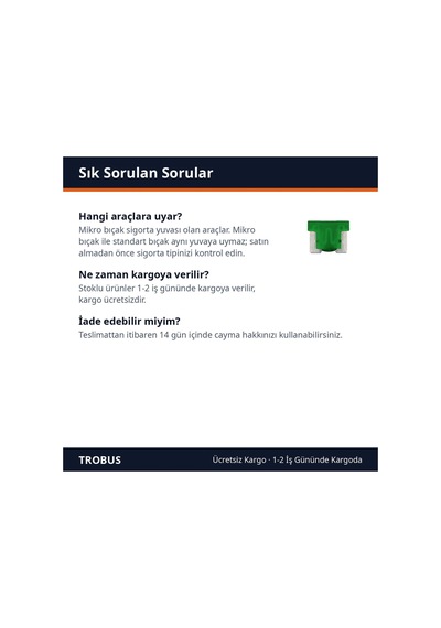 Trobus Oto Sigortası Bıçak Tip Mikro Boy 30 Amper Yeşil 10'lu Diğer