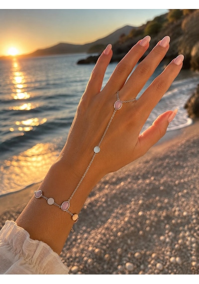 Taş Detaylı Gümüş Renk Çelik Şahmeran El Zinciri Kadın Bileklik Pembe