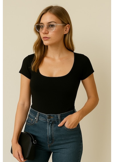 Madmext Siyah Geniş Yaka Kadın T-shirt Mg2341 Siyah