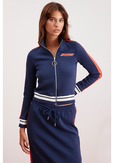 Grimelange Anıta Kadın Örme Slim Fit Parça Baskılı Dik Yaka Lacivert Ceket