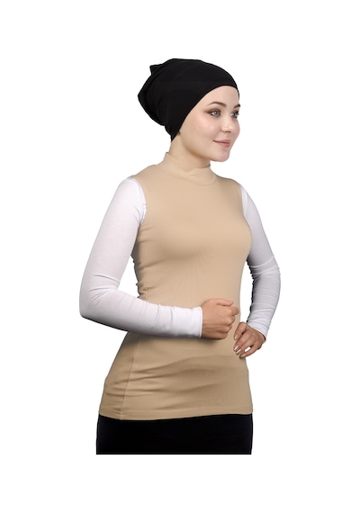 Manolyaşal İslamic Hijab Kolsuz Balıkçı Yakalı Organik Kadın Body Koyu Bej