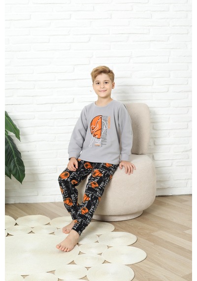 Yeni Stil Sonbahar/kış Erkek Çocuk Basketball Desenli Polar Pijama Takımı 4562 Gri