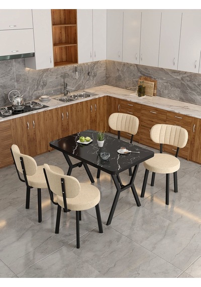 Azra 70x110cm Bendir Mutfak Masası, Mutfak Masası Takımı, Yemek Masası, 4 Krem Sandalye Krem