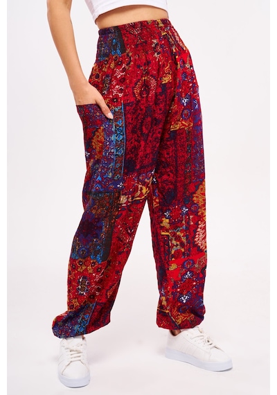 Giysa Kırmızı Etnik Desenli Kadın Şalvar Yoga Pantolonu %100 Viskon Çift Cepli - 2460 Kırmızı
