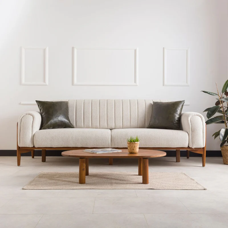 Furnirem Masif Çam Ahşap Oval Orta Sehpa Modern Salon Sehpası 76x45 Cm Ceviz