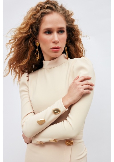 Sateen Düğme Detaylı Crop Bluz - Bej