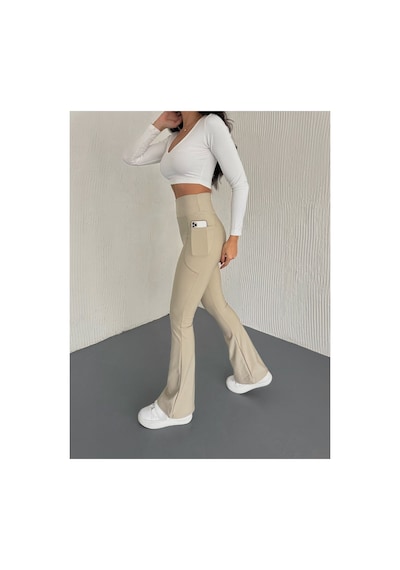 Gugus Kadın Yüksek Bel Toparlayıcı Çift Cepli Ispanyol Paça Tayt Bootcut/push Up Bej