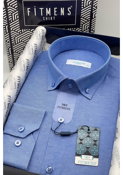 Erkek Slim Fit Uzun Kol Pamuklu Hediye Kutulu Gömlek - Saks Mavi Saks