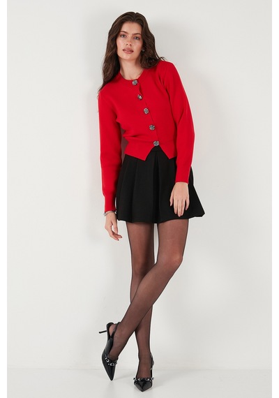Lela Premium Regular Fit Yuvarlak Yaka Crop Triko Bayan Hırka 680Hi00110 Kırmızı