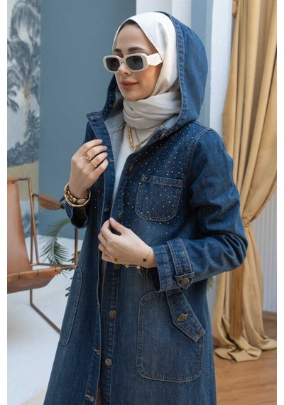 6329-taşlı Denim Kapşonlu Kap Koyu Mavi Koyu Mavi