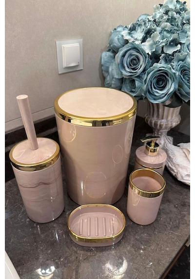 Makri Home Banyo Seti 5'li,akrilik-çöpkovası,wc Fırçalık,sıvı Sabunluk,diş Fırçalık,el Sabunluk,gold Renk Detay Somon