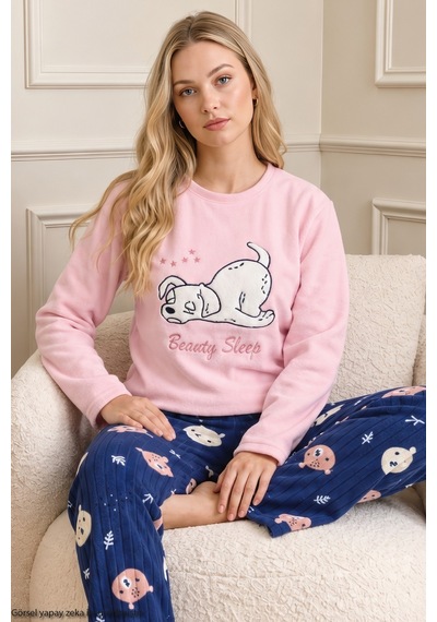 Siyah İnci Pembe Nakışlı Alt-üst Polar Kışlık Örme Pijama Takım 26222127