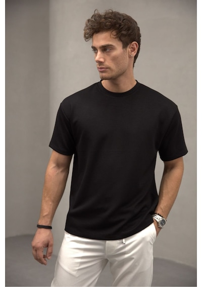 Bürke Siyah Renk Standart Kalıp Basic Bisiklet Yaka T-shirt