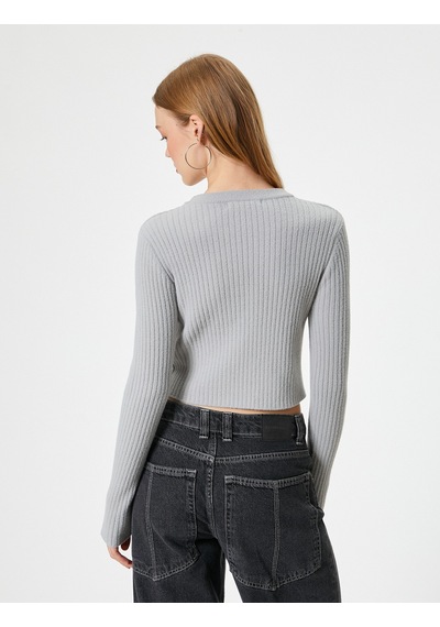 Koton Crop Triko Kazak Bisiklet Yaka Slim Fit Uzun Kollu Gri 5wal90019ht Gri