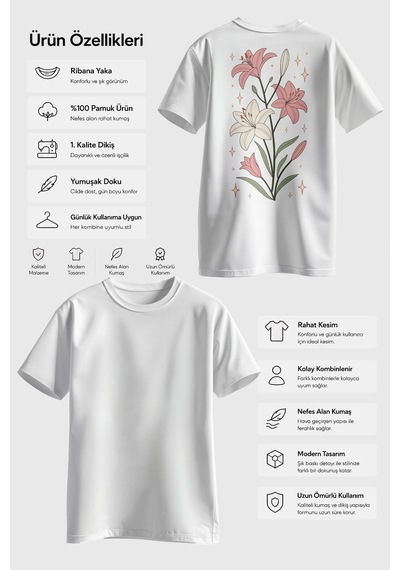 Spoyi Soft Lily Tasarımlı %100 Pamuk Yarım Oversize Beyaz T-shirt