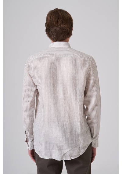 Morven Erkek Kahve Keten Trend Çizgili Dynamic Fit Düğmeli Yaka Gömlek 26ys004004400 Kahve