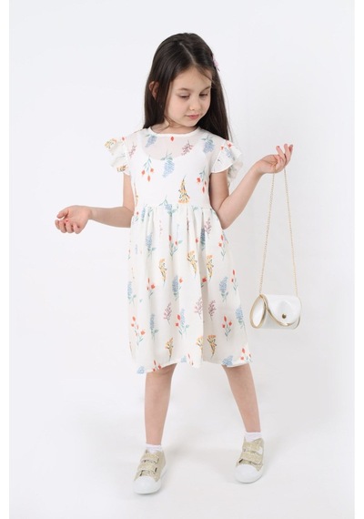 Aden Kids Kız Çocuk Kuçük Çiçek Desenli Krep Kumaş Elbise Çanta Hediyeli - 2-8 Yaş, Günlük Ve Bayramlık Açık Sarı