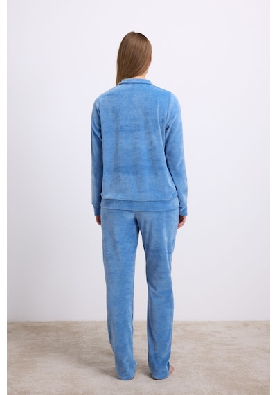 Anıl Man11625-1014 Anil Ev Giyim Anil Kadın Uzun Kollu Fermuarlı Kadife Sweatshirt Ve Pantolon Takım 11625 Mavi