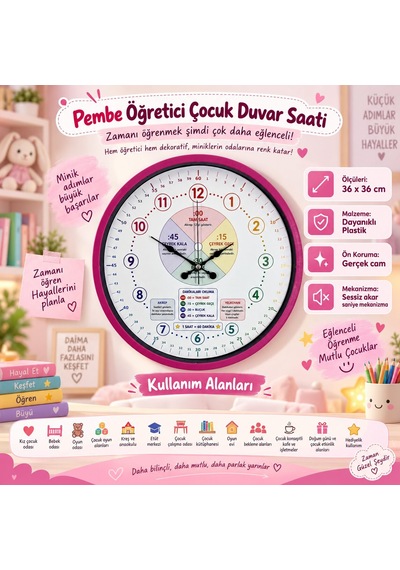 Almira Duvar Saati Pembe Öğretici 36 X 36 Cm Çocuk Duvar Saati