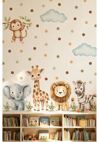 Safari Hayvanları Duvar Sticker Seti 88 Parça Fil, Zürafa, Aslan, Zebra,maymun Çocuk Odası Sticker Çok Renkli