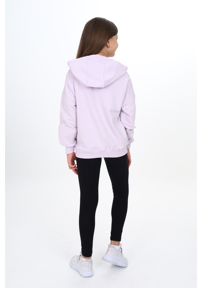 Toontoy Kids Toontoy Kız Çocuk 2'li Takım Baskılı Kapüşonlu Düşük Omuz Sweatshirt & Basic Düz Tayt Lila