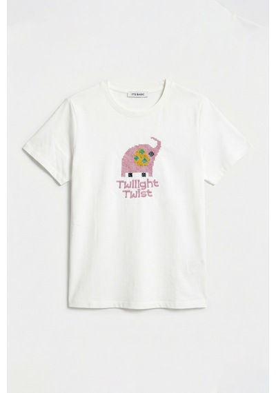 it's basic Kadın Beyaz Renk W5 Nakış Detaylı Oversize Tasarım T-shirt