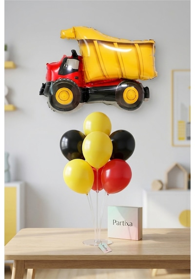 İnşaat Damperli Kamyon Balon Stand Seti Şeffaf 7 Li Stand + Damperli Kamyon Folyo Balon 79 66 Cm + 7 Lateks Balon