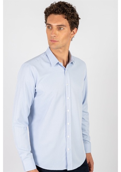 Tudors Modern Slim Fit Dar Kesim Armürlü Erkek Gömlek-24764 Mavi