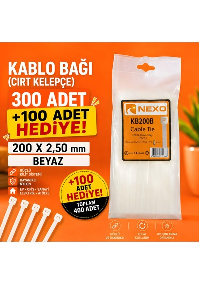 200x2,50mm Kablo Bağı Cırt Kelepçe Beyaz 300 Adet +100 Adet Hediye 200x2.50mm