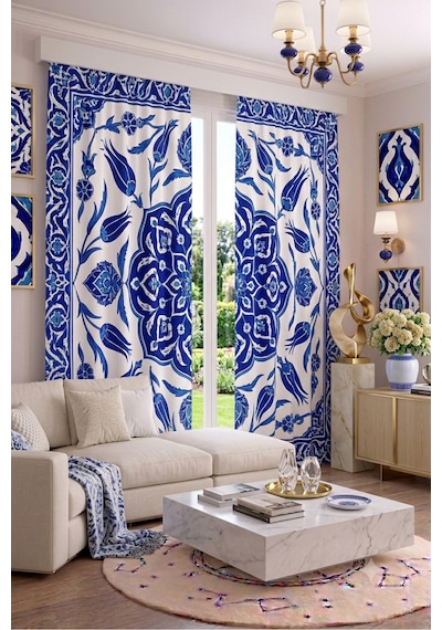 Modern Vintage Desenli Fon Perdesi 140x260 Cm 2 Kanat Dekoratif Dijital Baskılı Premium Salon Oturma Odası Yatak Odası Pencere Perdesi Mavi