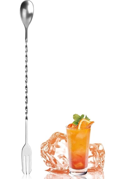 Burgulu Çatallı Bar Kaşığı 33 Cm Kokteyl Karıştırma Kaşığı & Cam Pipet Seti Gümüş