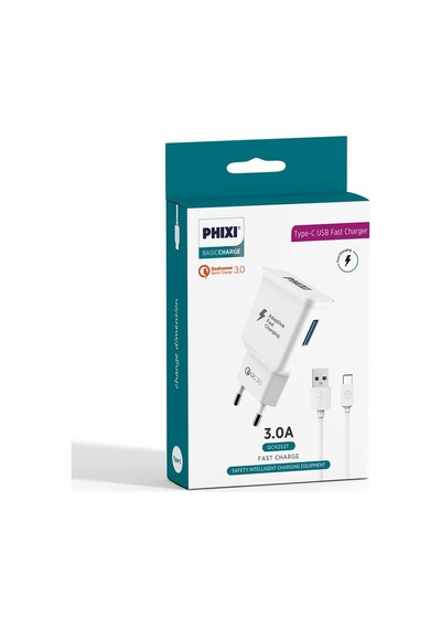 Phixi QCH202T Basic 12V / 3A Qualcomm 3.0 Type-C USB Kablolu Hızlı Şarj Cihazı