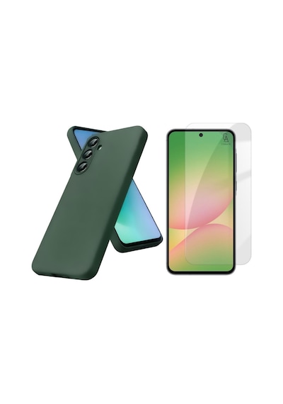 Samsung Galaxy A57 İle Uyumlu Kılıf Esnek Premium Telefon Kılıfı Ve Temperli Cam Ekran Koruyucu Koyu Yeşil