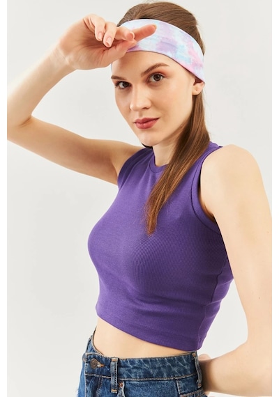 Butikgiz Kadın Sıfır Kol Bisiklet Yaka Vücuda Oturan %100 Pamuklu Kaşkorse Esnek Crop Bluz Mor