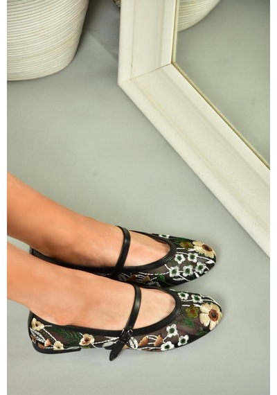 Fox Shoes U820085515 Siyah File Çiçek Motifli Kadın Babet Siyah-file Siyah