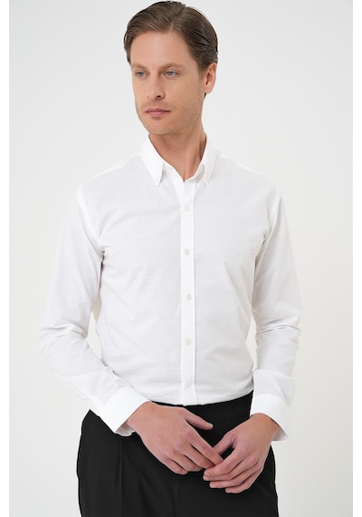 Efor Slim Fit Düğmeli Yaka Dokulu %100 Pamuk Klasik Beyaz 2 Gömlek Gk 726 Beyaz