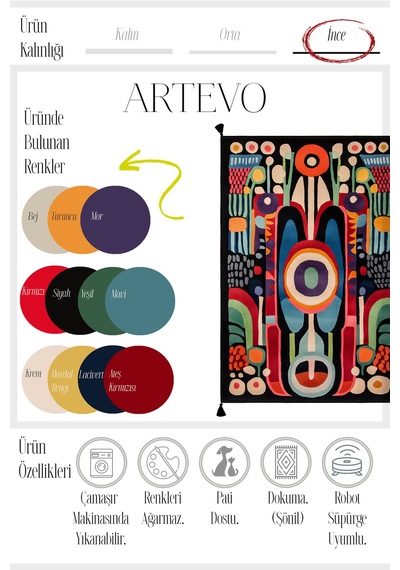 Artevo 10 Siyah Renkli Tasarım Soyut Desenli Halı İnce Halı Kilim Halı Oturma Odası Salon Halısı Renkli L