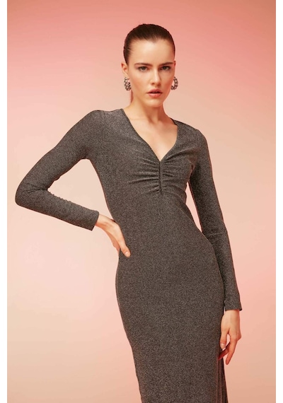 Defacto Bodycon Basic Düz Vücudu Saran V Yaka Payetli Kumaş Midi Uzun Kollu Elbise B4699AX23WNGR452
