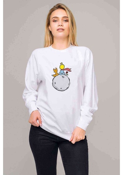 Küçük Prens Little Prince Gezegen Moon Baskılı Beyaz Kadın Sweat