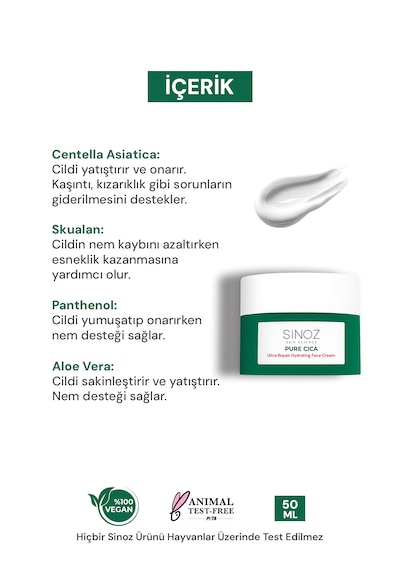 Sinoz Pure Cica Tahriş Olmuş Hasarlı Ciltlere Özel Bakım Kremi 50 ML